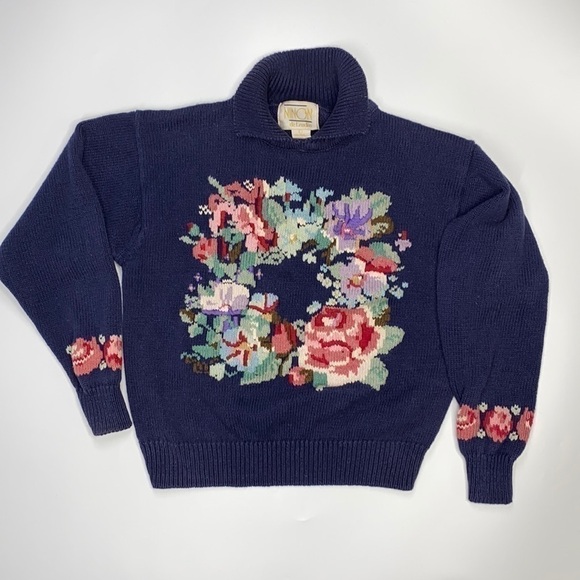 Vintage Ninon de Lenclos Blue Knit Needlework Floral Granny Sweater Large - Picture 1 of 7